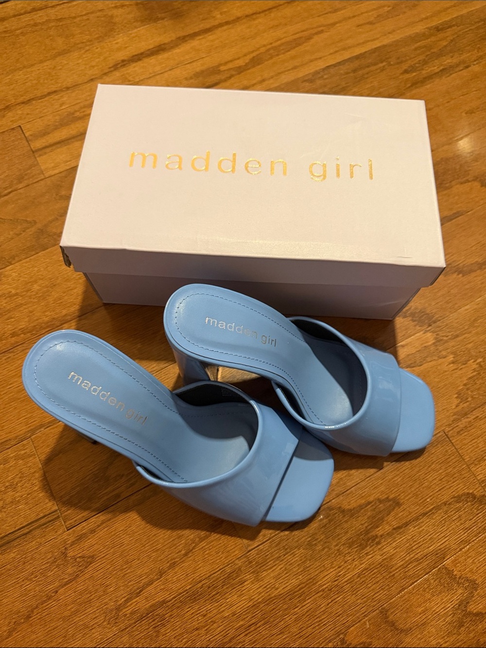 Madden Girl Genius mules in blue patent